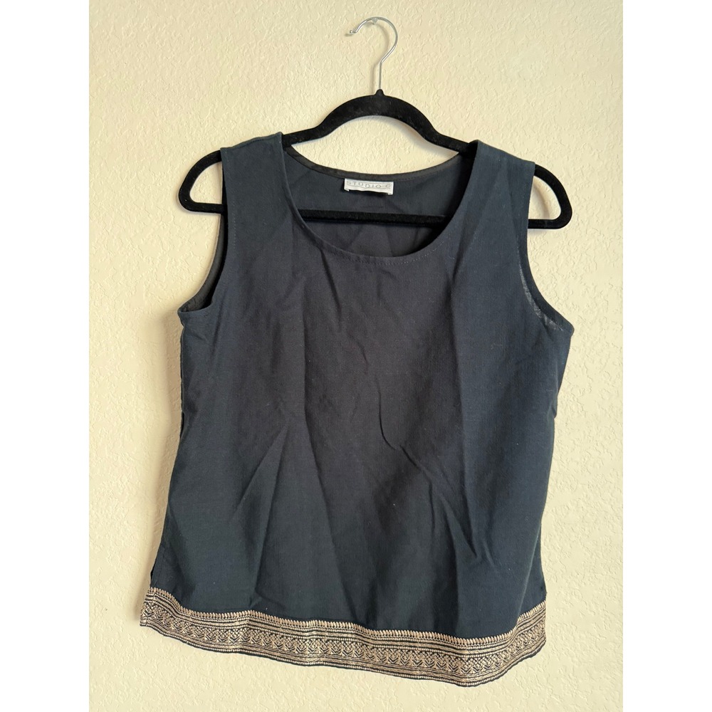 Vintage Studio C Black Sleeveless Top Womens Medium Embroidered Trim Casual‎